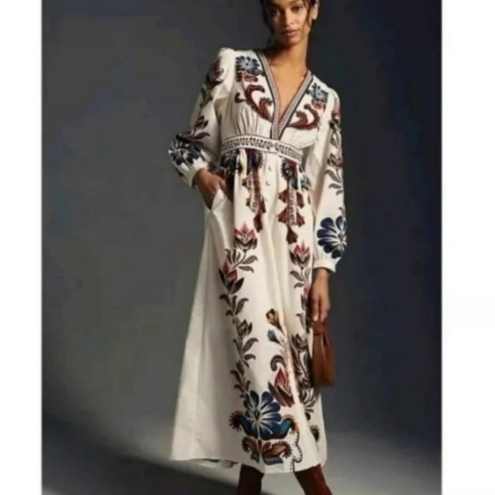 FARM Rio White Cream Plunge Neck Bishop Sleeve Sundress